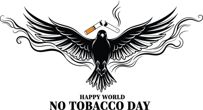 A majestic black silhouette of a bird with widespread wings, holding two broken cigarettes in its beak, against a backdrop of swirling smoke-like patterns, proclaiming 'Happy World No Tobacco Day'.