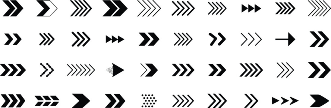  set of black arrows. Modern simple arrows. Black arrow pointing to the right. 