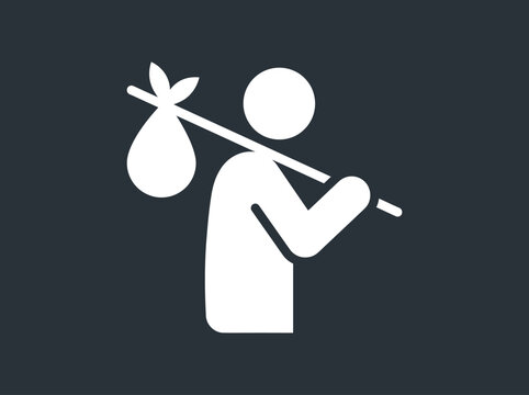 Homeless Wanderer Pictogram Icon - Person with Bindle Sack on Stick - Displacement, Poverty, and Migration Concept Vector Style Illustration