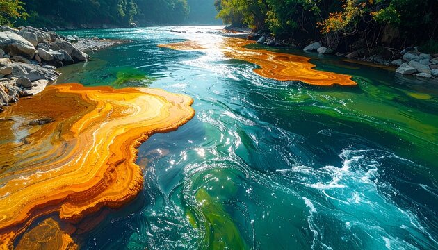 A captivating natural river scene with mesmerizing patterns of vibrant orange and emerald green water flowing through a lush forest, creating an otherworldly view