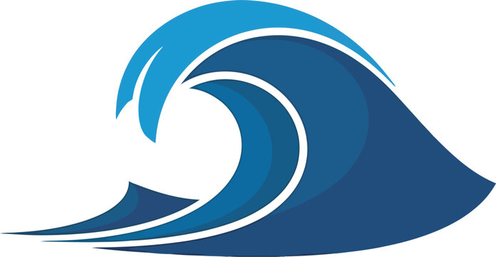 Flat vector illustration of a powerful curling blue ocean wave. This dynamic nautical graphic features a sweeping crest and stylized water layers, perfect for surfing logos and beach lifestyle designs