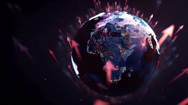 Global economic growth arrows rising around planet earth digital light dots motion graphics futuristic background showing interconnectedness and progress.
