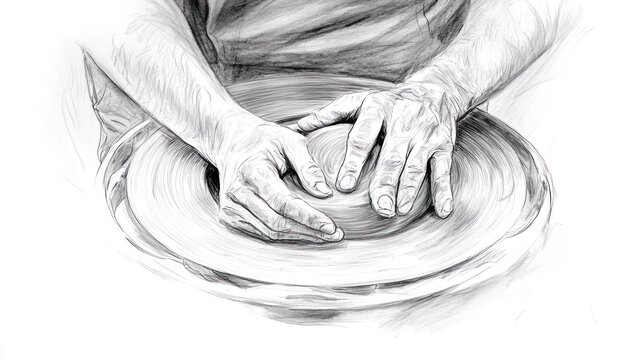Monochrome sketch of hands shaping clay on a pottery wheel. The process is artfully rendered