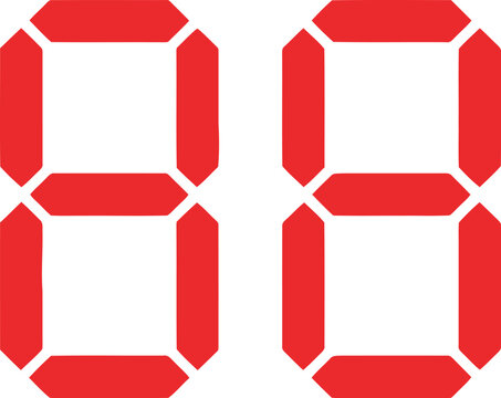 Flat vector illustration of a red digital seven-segment display showing the number eighty-eight. This clean, minimalist graphic is perfect for electronic scoreboards, digital clocks, countdown timer.