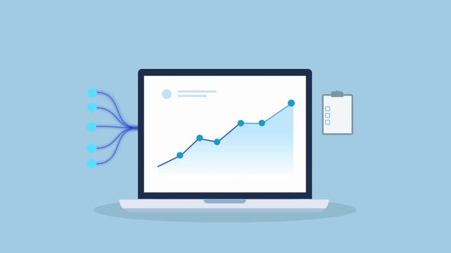 Animated business analytics dashboard on a laptop with a clipboard icon, representing checklist, data reporting, task management, and business workflow systems.