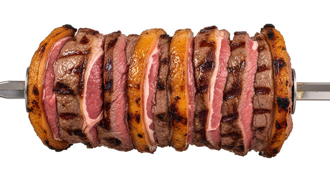 Grilled Brazilian picanha beef stacked on a large metal skewer churrasco rodizio style isolated on a white background