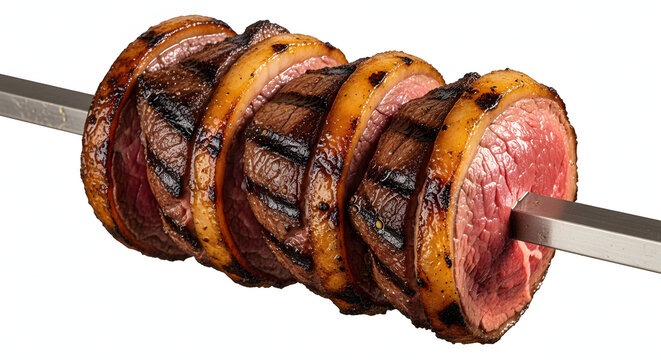 Grilled Brazilian picanha beef stacked on a large metal skewer churrasco rodizio style isolated on a white background