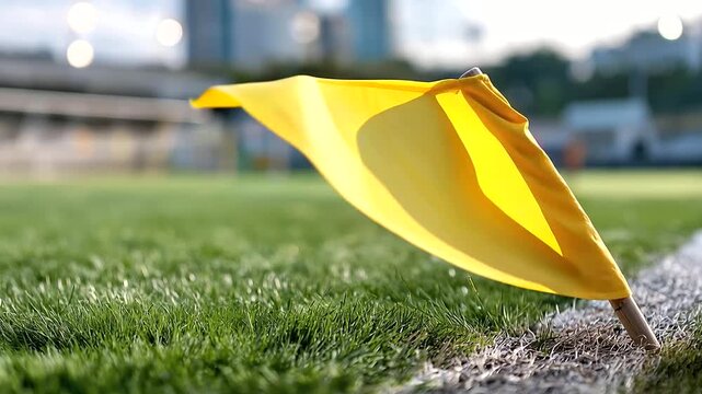 Yellow soccer corner flag on green grass, defocused stadium background, professional football field marker, match venue detail, sports equipment element, with copy space