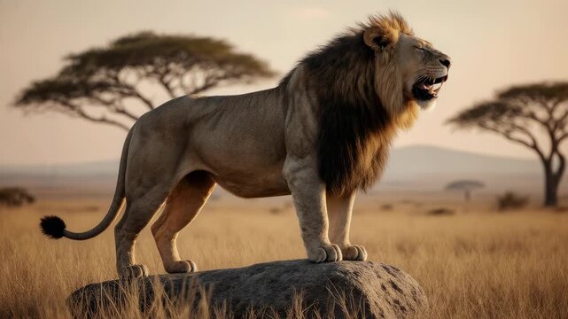 Majestic lion standing atop large stone, roaring, dry grass foreground, on golden sunset light background, dramatic savannah scene, 4K video