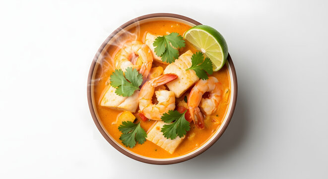 Delicious Brazilian moqueca seafood and coconut milk stew with shrimp isolated on a white background