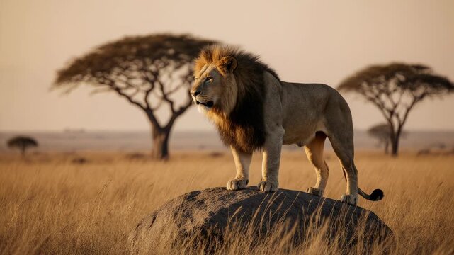 Majestic lion standing atop large stone, roaring, dry grass foreground, on golden sunset light background, dramatic savannah scene, 4K video