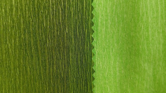 Light and pickle green crepe paper texture background with a serrated dividing line, horizontal view with vertical lines
