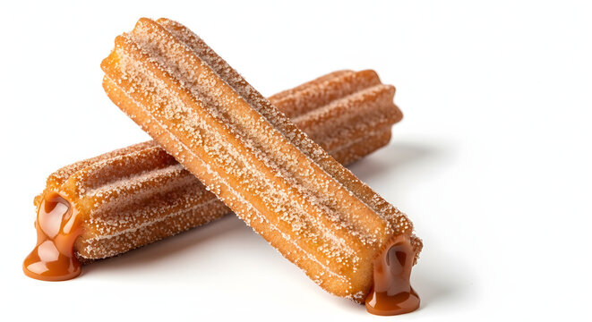 Crispy Brazilian street food churros filled with dulce de leite isolated on a white background