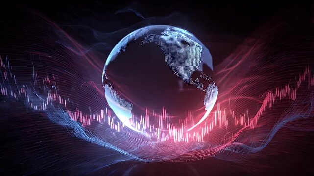 Global stock market data visualized with glowing earth and futuristic financial chart motion graphics, representing economic trends and digital analytics, dynamic investment background footage.