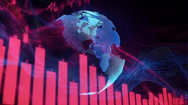 Global financial data visualization featuring digital earth globe with rising red candlestick stock market charts and flowing network connection lines representing international trade trends.