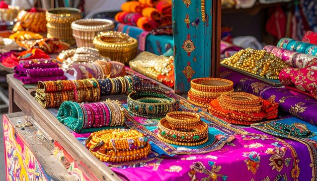 Vibrant Indian bangles and traditional Indian textiles displayed at a bustling street market stall showcasing rich cultural heritage