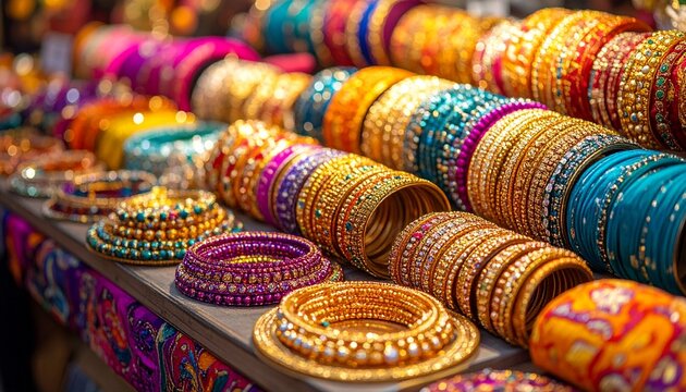 Vibrant display of colorful and intricately decorated bangles arranged in rows, showcasing traditional Indian craftsmanship and festive adornments