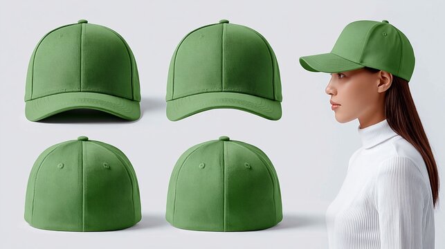 Green baseball cap mock up displayed in multiple angles alongside a woman wearing the cap, showcasing its design and fit against a neutral background