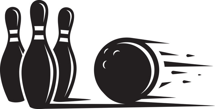 High-impact black and white vector of a bowling ball speeding toward four pins. Sharp motion trails and stylized highlights create a sense of fast-paced action and an imminent strike.