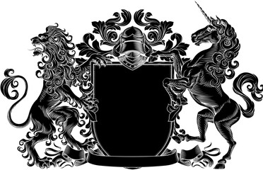 Naklejka premium A unicorn and lion coat of arms or crest family heraldry medieval heraldic knight shield with helmet and acanthus filigree scroll ornament in a vintage woodcut style.
