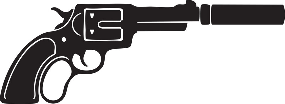 Silenced Revolver Silhouette &ndash; Tactical Stealth Handgun with Suppressor Vector Illustration and Spy Icon