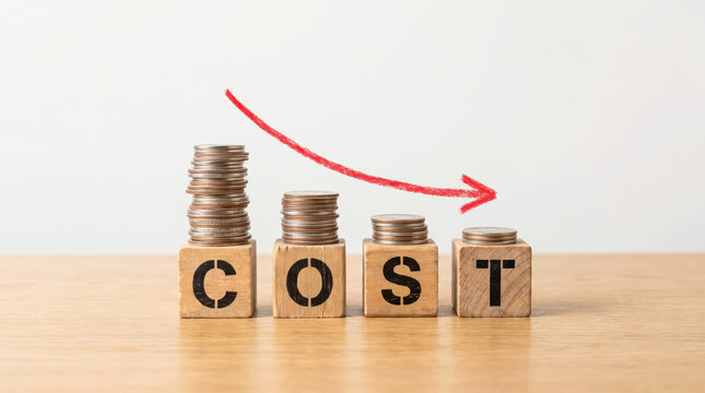 Wooden blocks with the word cost and stacks of coins with a red arrow indicating a decrease in expenses