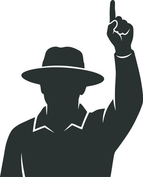 A dark silhouette vector of a cricket umpire wearing a wide-brimmed hat and collared shirt, raising an index finger to signal a player is out. A clean, professional flat graphic for sports media.