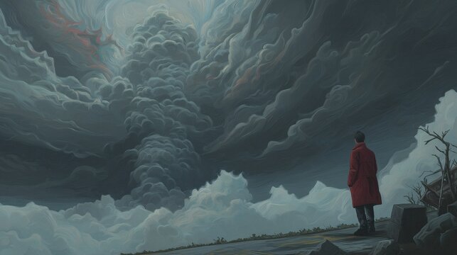 A solitary figure in a red coat stands on rocky ground, gazing at a dramatic, swirling storm cloud formation in a dark, ominous sky.