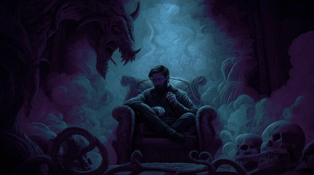 A dark, eerie scene of a man sitting ominously in a throne-like chair surrounded by skulls, tentacles, and a monstrous dragon shadow looming above him.