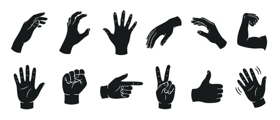 Obraz premium Human Hands Set Silhouette Icons, Hand Gestures Collection for UI Design, Communicating Symbols, Various Finger Positions and Palm Movements for Business, Education, and Digital Communication Graphics