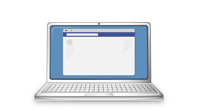Laptop computer displaying social media feed with various reactions and emoticons animated around it.