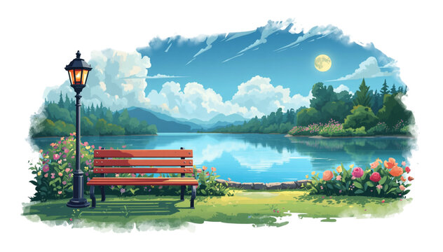 a bench by the beautiful lake with moonlight