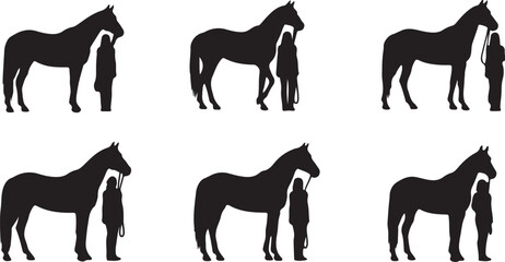 Fototapeta premium Collection of horse and person silhouettes demonstrating equestrian care and handling in vector