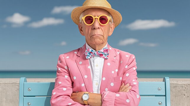 Elderly man wearing pink polka dot suit, yellow sunglasses, and straw hat sits on blue bench by the beach with ocean and sky in the background