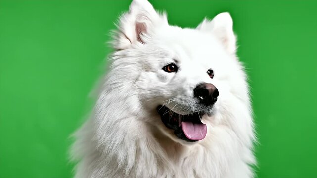 Realistic Close-Up of a Friendly Adult Samoyed Dog Against a Bright Green Background