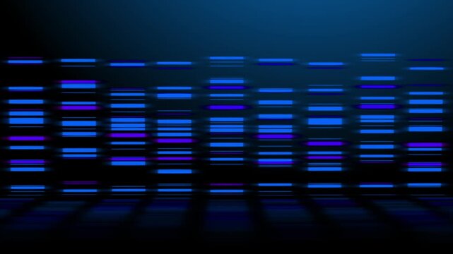 Abstract genetic sequence data visualization animation with flowing blue and purple light patterns