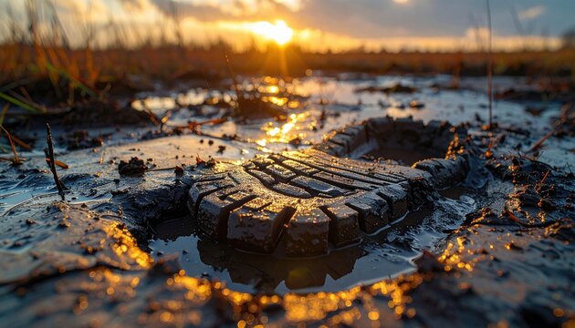 A Single Worn Bootprint Pressed into Mud During a Golden Sunset