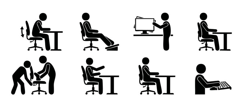 Ergonomic Office Chair Posture Icons Set for Correct Sitting Position at Desk and Workplace Health and Safety Guide Illustration, Showing Proper Spinal Alignment and Computer Workstation Setup Stance