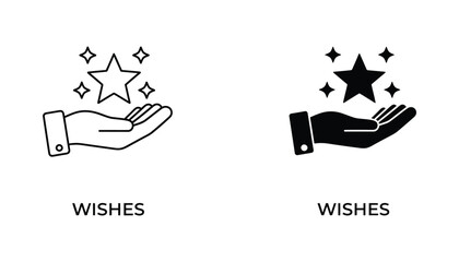 Hand holding magic star icon set with sparkling effect in outline and solid black styles representing wishes and dreams isolated on white background © Meghna