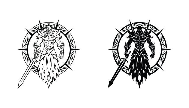 Armored warrior with sword and circular decorative frame icon set in outline and solid black styles for fantasy adventure and RPG gaming isolated on white background