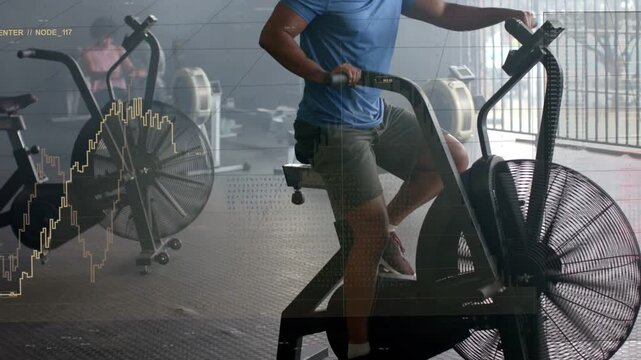 Male rider pushing pedals, shifting to full arms-legs effort while tracking fitness graph overlay