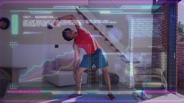 Man raising weight warming via lateral stretch on purple mat, HUD scanning health around him