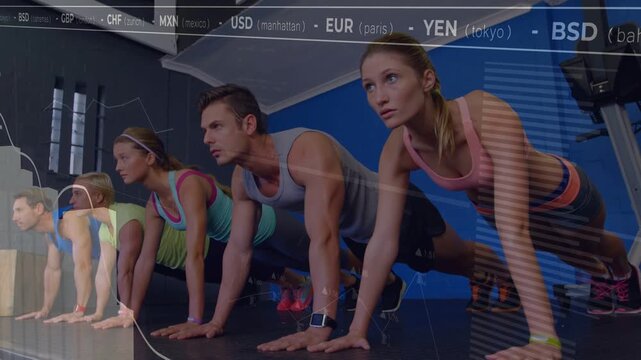 On start cue group holding plank while shifting with currency tickers sliding, building strength