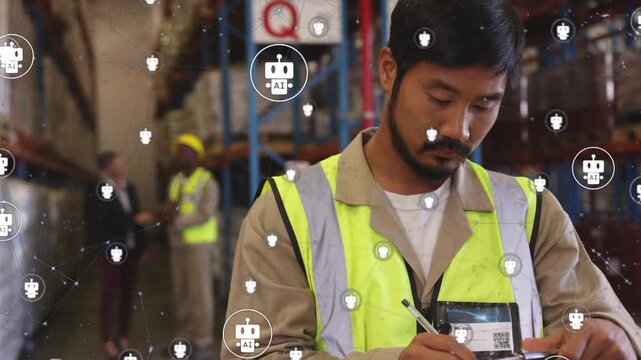 Warehouse worker logging stock on clipboard, camera panning, floating AI icons overlaying scene