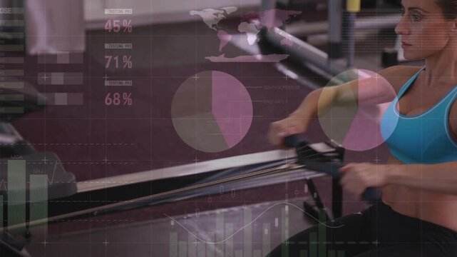 Console lighting up starting woman doing rowing strokes on sliding rower, HUD charts tracking power