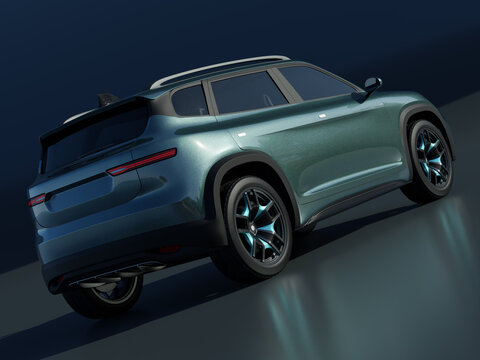 Studio rendering of Metallic green Electric SUV on dark background. Rear view. 3D illustration.