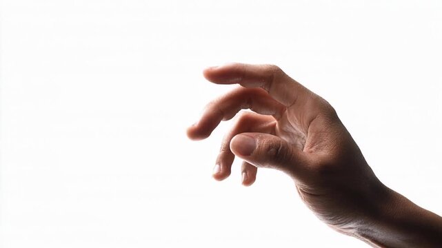 Mans hand reaching with open delicate fingers on plain white background