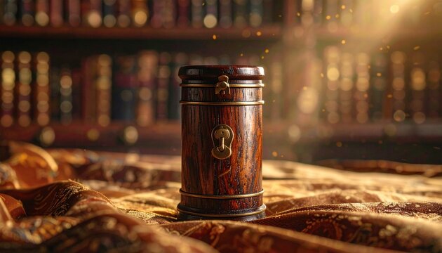 Antique wooden cylinder container with ornate brass lock and keyhole detail, set on a textured surface with a library bookshelf background