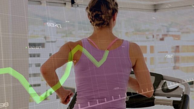 Female exerciser pressing console and walking, animated chart aligning with back tracking fitness