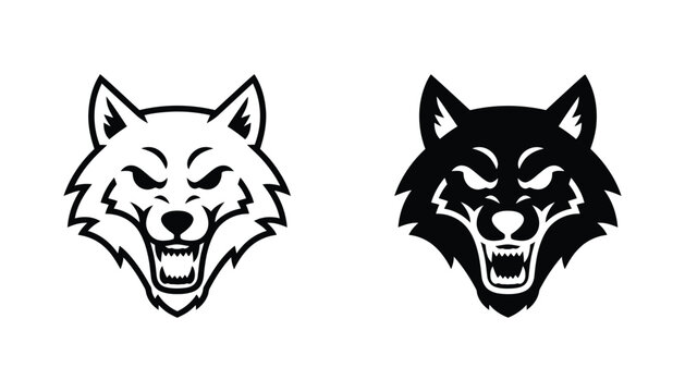 Fierce wolf head mascot logo design in black and white vector art for sports teams and gaming clans showing sharp teeth and intense gaze as a versatile vector graphic for branding and merchandise